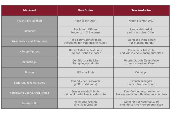 Vergleich von Nassfutter und Trockenfutter für Hunde – Vorteile von Nassfutter in einer übersichtlichen Tabelle dargestellt